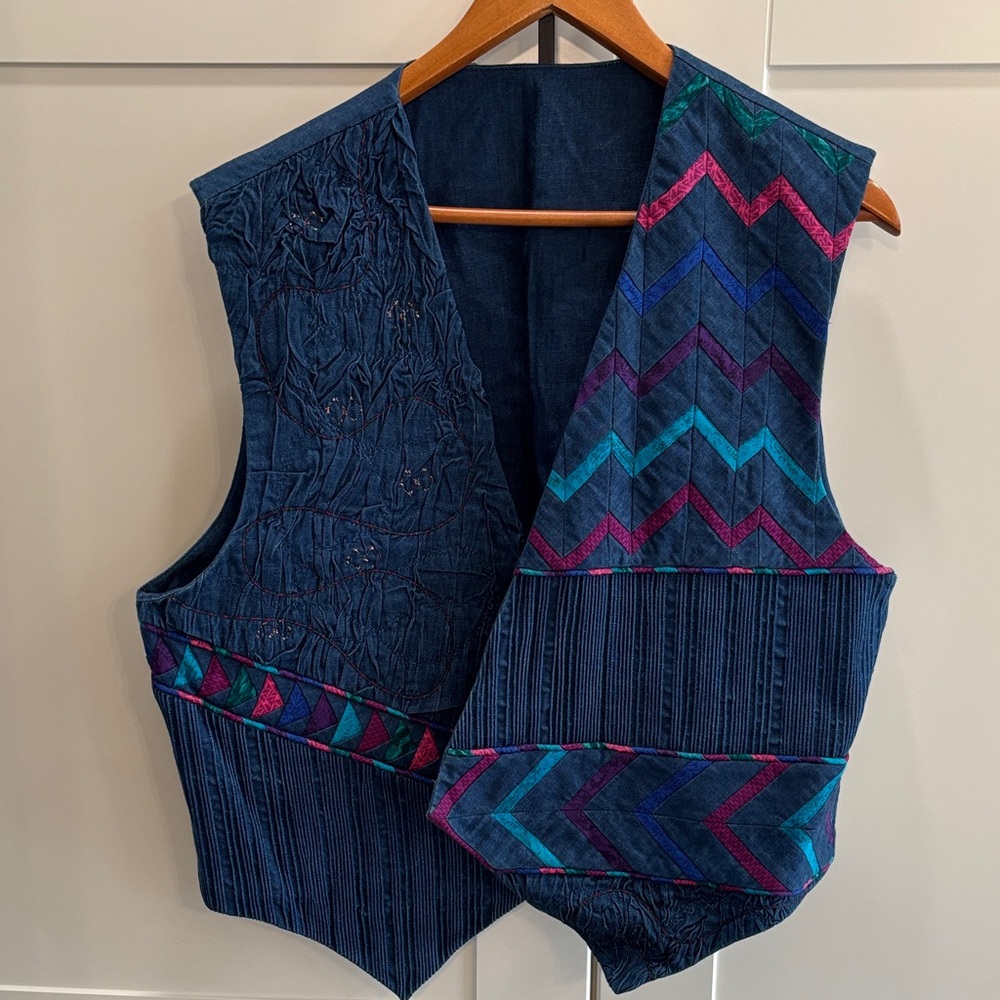 Handmade Embroidered Navy Chevron Vest with Teal & Magenta Accents - Picture 1 of 4
